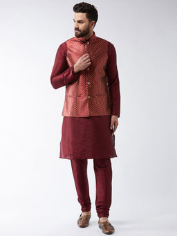 SOJANYA - Silk Blend Maroon Kurta Pyjama & Maroon Nehru Jacket (Set of 3)