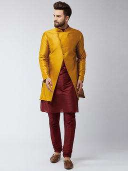 SOJANYA - Silk Blend Maroon Kurta Churidaar Pyjama & Mustard Sherwani Jacket (Set of 3)
