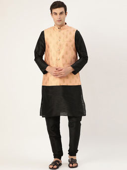 SOJANYA - Silk Blend Black Kurta And Pyjama & Peach Nehru Jacket (Set of 3)