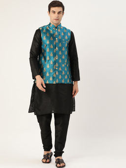 SOJANYA - Silk Blend Black Kurta And Pyjama & Teal Blue Nehru Jacket (Set of 3)