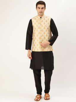 SOJANYA - Silk Blend Black Kurta And Pyjama & Beige Nehru Jacket (Set of 3)
