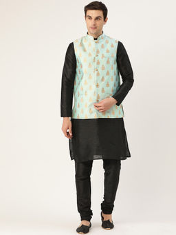 SOJANYA - Silk Blend Black Kurta And Pyjama & Sea Green Nehru Jacket (Set of 3)
