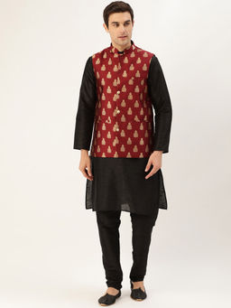 SOJANYA - Silk Blend Black Kurta And Pyjama & Maroon Nehru Jacket (Set of 3)