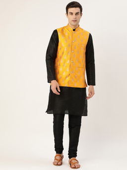 SOJANYA - Silk Blend Black Kurta And Pyjama & Mustard Nehru Jacket (Set of 3)