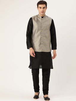 SOJANYA - Silk Blend Black Kurta And Pyjama & Grey Nehru Jacket (Set of 3)