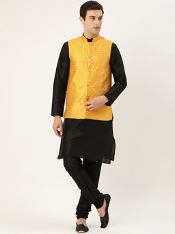 SOJANYA - Silk Blend Black Kurta And Pyjama & Mustard Nehru Jacket (Set of 3)