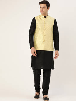 SOJANYA - Silk Blend Black Kurta And Pyjama & Lime Green Nehru Jacket (Set of 3)