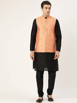 SOJANYA - Silk Blend Black Kurta And Pyjama & Peach Nehru Jacket (Set of 3)