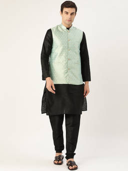 SOJANYA - Silk Blend Black Kurta And Pyjama & Sea Green Nehru Jacket (Set of 3)