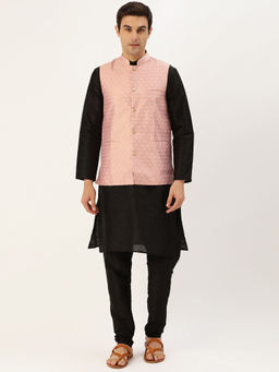 SOJANYA - Silk Blend Black Kurta And Pyjama & Light Pink Nehru Jacket (Set of 3)