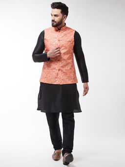 SOJANYA - Silk Blend Black Kurta With Pyjama & Peach Printed Nehru Jacket (Set of 3)