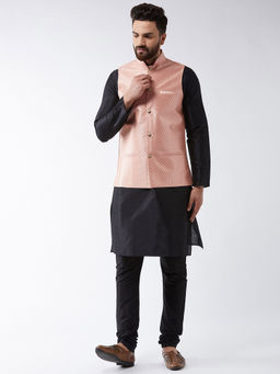 SOJANYA - Silk Blend Black Kurta And Pyjama & Peach Nehru Jacket (Set of 3)