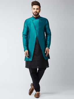 SOJANYA - Silk Blend Black Kurta And Pyjama & Peacock Blue Sherwani Jacket (Set of 3)