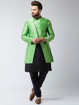 SOJANYA - Silk Blend Black Kurta And Churidaar Pyjama & Green Sherwani Jacket (Set of 3)