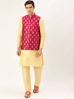 SOJANYA - Men Silk Blend Gold Kurta Pyjama & Magenta Nehru Jacket (Set of 3)
