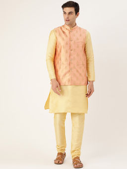 SOJANYA - Men Silk Blend Gold Kurta Pyjama & Peach Nehru Jacket (Set of 3)