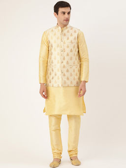 SOJANYA - Men Silk Blend Gold Kurta Pyjama & Beige Nehru Jacket (Set of 3)