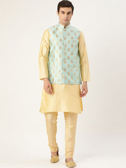 SOJANYA - Men Silk Blend Gold Kurta Pyjama & Sea Green Nehru Jacket (Set of 3)