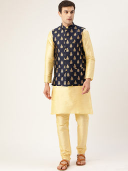 SOJANYA - Men Silk Blend Gold Kurta Pyjama & Navy Blue Nehru Jacket (Set of 3)