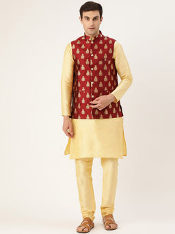 SOJANYA - Men Silk Blend Gold Kurta Pyjama & Maroon Nehru Jacket (Set of 3)