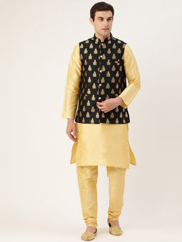 SOJANYA - Men Silk Blend Gold Kurta Pyjama & Black Nehru Jacket (Set of 3)