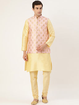 SOJANYA - Men Silk Blend Gold Kurta Pyjama & Pink Nehru Jacket (Set of 3)