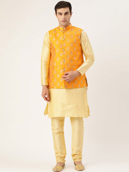 SOJANYA - Men Silk Blend Gold Kurta Pyjama & Mustard Nehru Jacket (Set of 3)