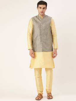 SOJANYA - Men Silk Blend Gold Kurta Pyjama & Grey Nehru Jacket (Set of 3)