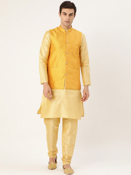 SOJANYA - Men Silk Blend Gold Kurta Pyjama & Mustard Nehru Jacket (Set of 3)