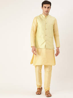 SOJANYA - Men Silk Blend Gold Kurta Pyjama & Lime Green Nehru Jacket (Set of 3)