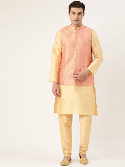 SOJANYA - Men Silk Blend Gold Kurta Pyjama & Peach Nehru Jacket (Set of 3)