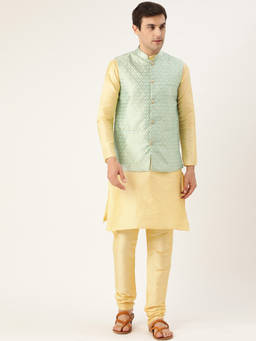 SOJANYA - Men Silk Blend Gold Kurta Pyjama & Sea Green Nehru Jacket (Set of 3)