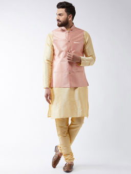 SOJANYA - Men Silk Blend Gold Kurta Pyjama & Peach Nehru Jacket (Set of 3)