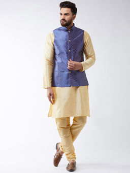 SOJANYA - Men Silk Blend Gold Kurta Pyjama & Royal Blue Nehru Jacket (Set of 3)