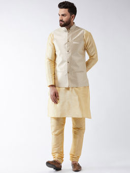 SOJANYA - Men Silk Blend Gold Kurta Pyjama & Beige Nehru Jacket (Set of 3)