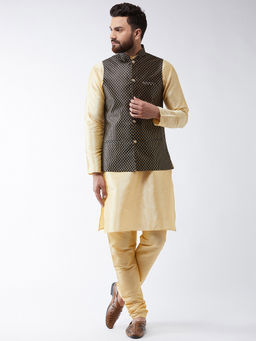 SOJANYA - Men Silk Blend Gold Kurta Pyjama & Black Nehru Jacket (Set of 3)