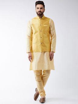 SOJANYA - Men Silk Blend Gold Kurta Pyjama & Yellow Nehru Jacket (Set of 3)
