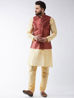 SOJANYA - Men Silk Blend Gold Kurta Pyjama & Maroon Nehru Jacket (Set of 3)