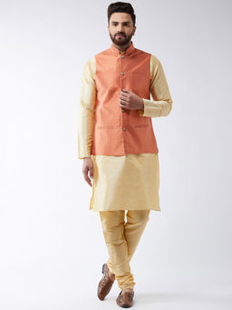 SOJANYA - Men Silk Blend Gold Kurta Pyjama & Orange Nehru Jacket (Set of 3)