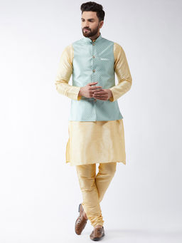 SOJANYA - Men Silk Blend Gold Kurta Pyjama & Sea Green Nehru Jacket (Set of 3)