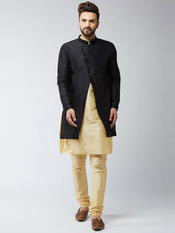 SOJANYA - Men Silk Blend Gold Kurta With Churidaar Pyjama & Black Sherwani Jacket (Set of 3)