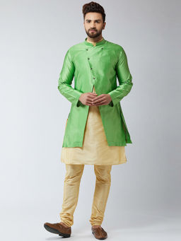 SOJANYA - Men Silk Blend Gold Kurta With Churidaar Pyjama & Green Sherwani Jacket (Set of 3)