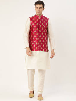 SOJANYA - Men Silk Blend Off White Kurta Pyjama & Magenta Nehru Jacket (Set of 3)