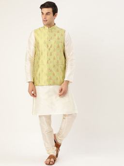 SOJANYA - Men Silk Blend Off White Kurta Pyjama & Green Nehru Jacket (Set of 3)