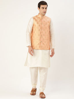 SOJANYA - Men Silk Blend Off White Kurta Pyjama & Peach Nehru Jacket (Set of 3)