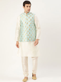 SOJANYA - Men Silk Blend Off White Kurta Pyjama & Sea Green Nehru Jacket (Set of 3)