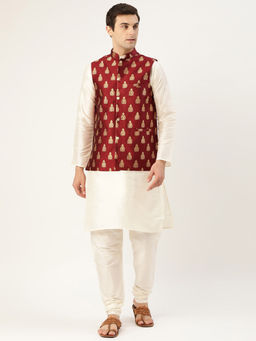 SOJANYA - Men Silk Blend Off White Kurta Pyjama & Maroon Nehru Jacket (Set of 3)