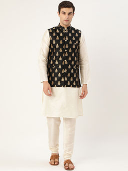 SOJANYA - Men Silk Blend Off White Kurta Pyjama & Black Nehru Jacket (Set of 3)
