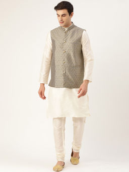 SOJANYA - Men Silk Blend Off White Kurta Pyjama & Grey Nehru Jacket (Set of 3)