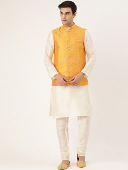 SOJANYA - Men Silk Blend Off White Kurta Pyjama & Mustard Nehru Jacket (Set of 3)